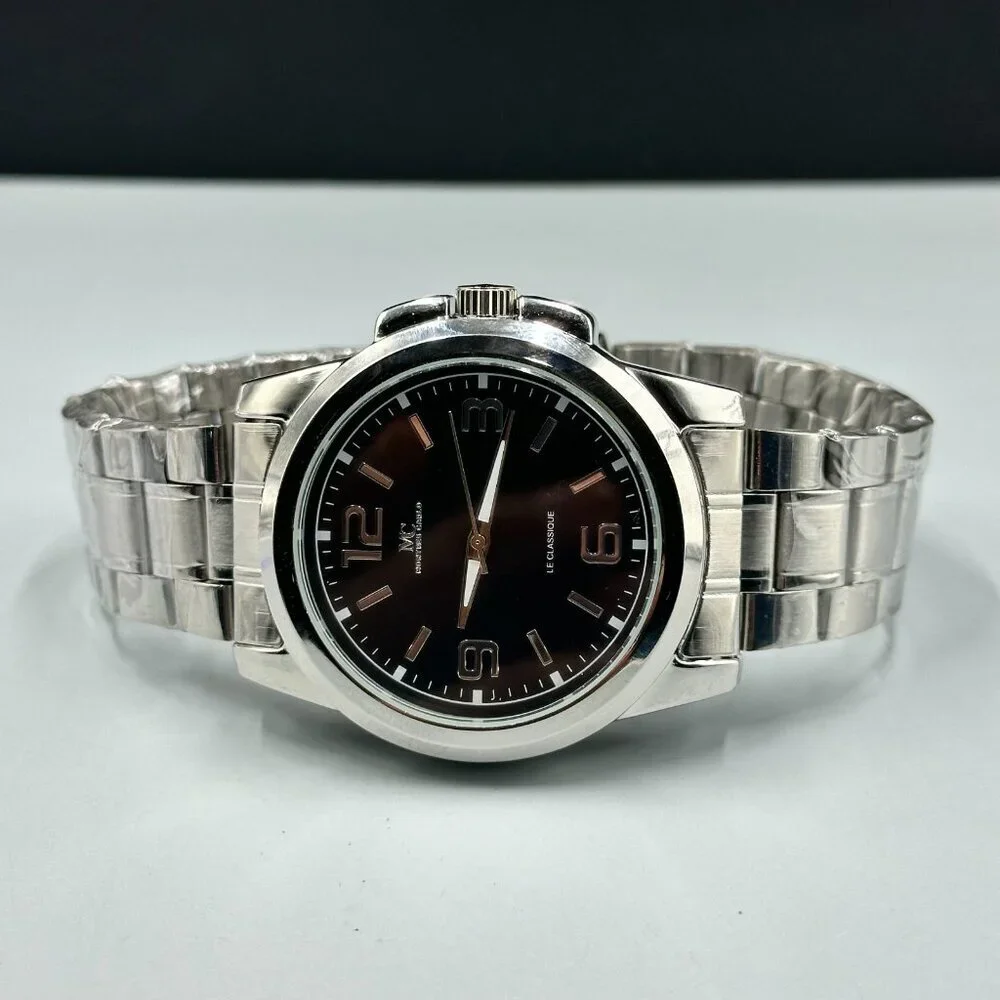 Montres Carlo Watch Men Silver Tone Black Dial Round 43MM New Battery 8.25